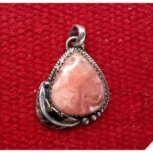 Handmade Pink Rhodochrosite Sterling Silver Pendant Teardrop Leaf Feather